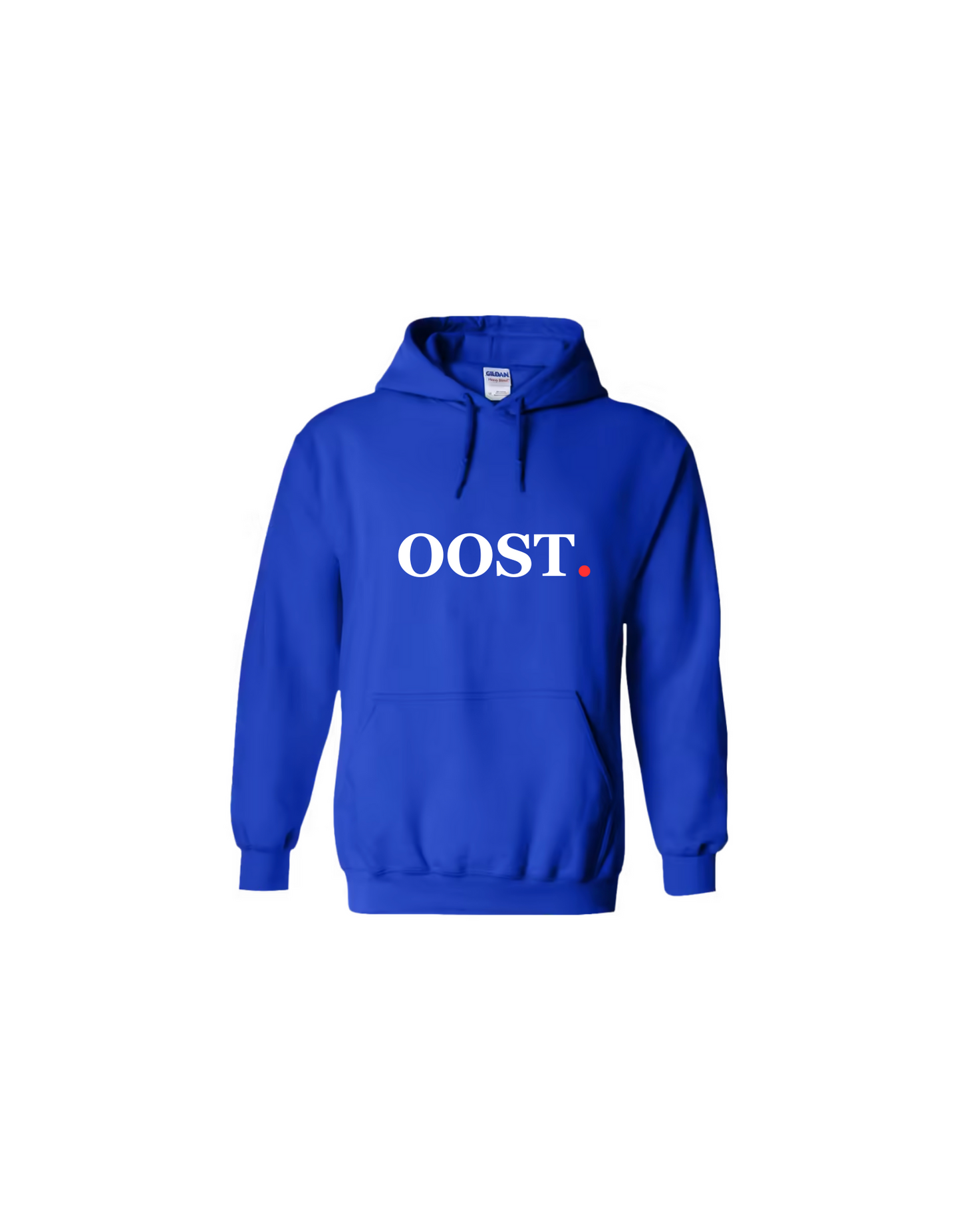 unisex hoodie kobaltblauw oost witte letters rode stip