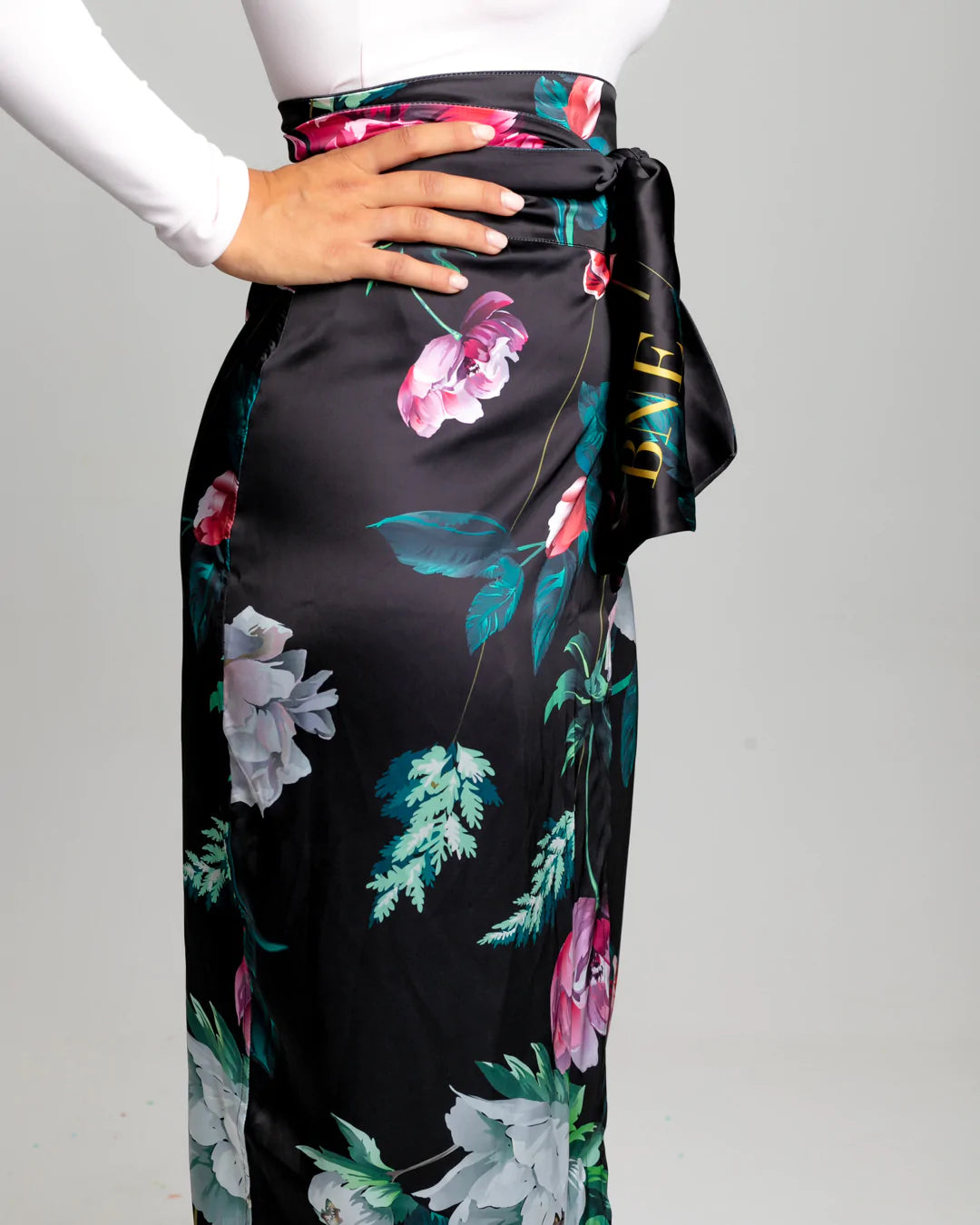 Satin Floral Wrap Skirt Black | Sustainability with Natural Beauty BNE