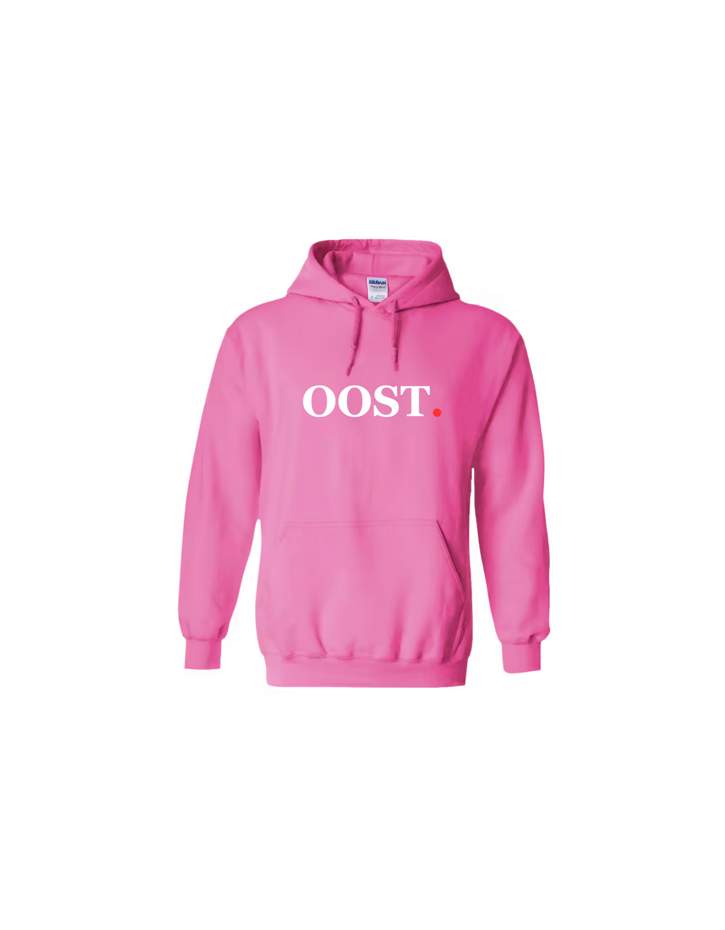 unisex hoodie roze oost witte letters rode stip